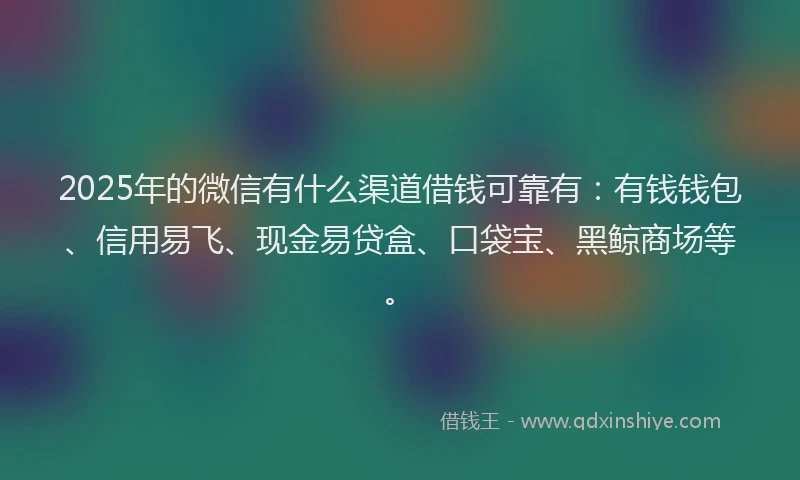 2025年的微信有什么渠道借钱可靠有：有钱钱包、信用易飞、现金易贷盒、口袋宝、黑鲸商场等。