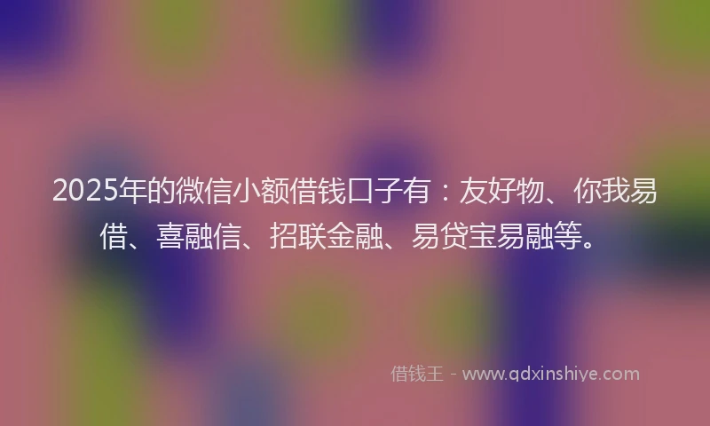 2025年的微信小额借钱口子有：友好物、你我易借、喜融信、招联金融、易贷宝易融等。