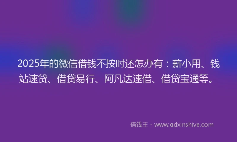 2025年的微信借钱不按时还怎办有：薪小用、钱站速贷、借贷易行、阿凡达速借、借贷宝通等。