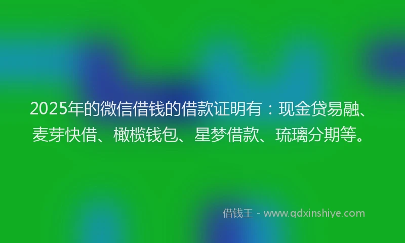 2025年的微信借钱的借款证明有：现金贷易融、麦芽快借、橄榄钱包、星梦借款、琉璃分期等。