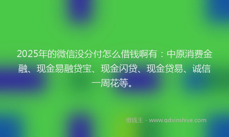 2025年的微信没分付怎么借钱啊有：中原消费金融、现金易融贷宝、现金闪贷、现金贷易、诚信一周花等。