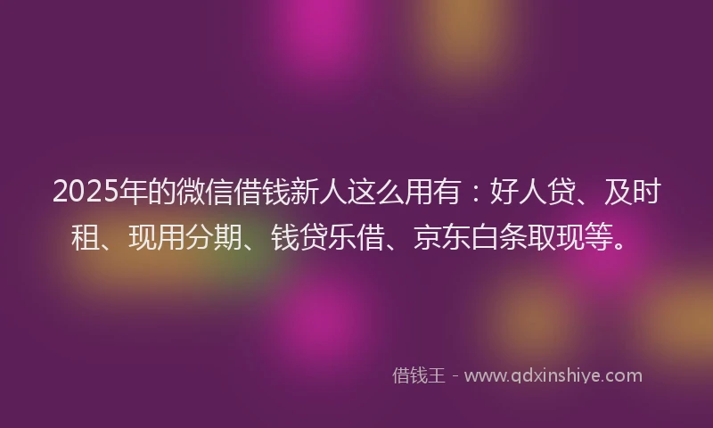 2025年的微信借钱新人这么用有：好人贷、及时租、现用分期、钱贷乐借、京东白条取现等。
