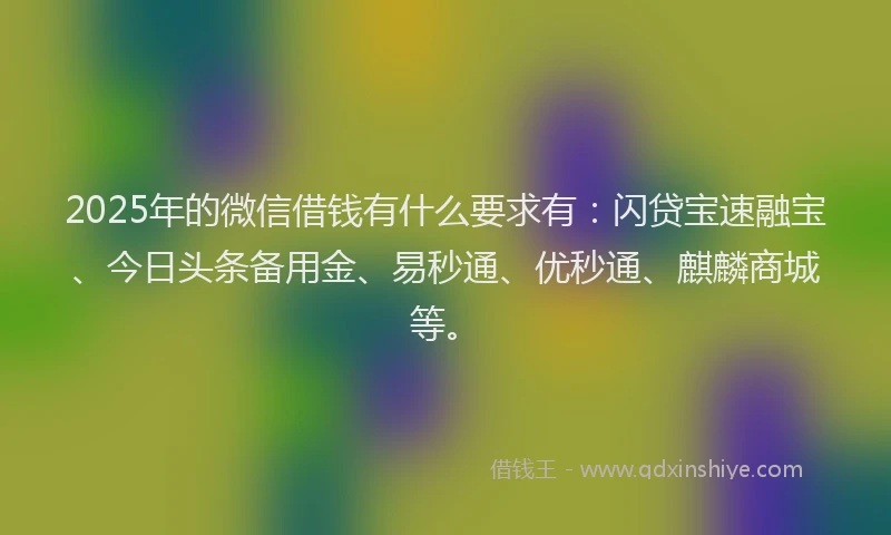 2025年的微信借钱有什么要求有：闪贷宝速融宝、今日头条备用金、易秒通、优秒通、麒麟商城等。