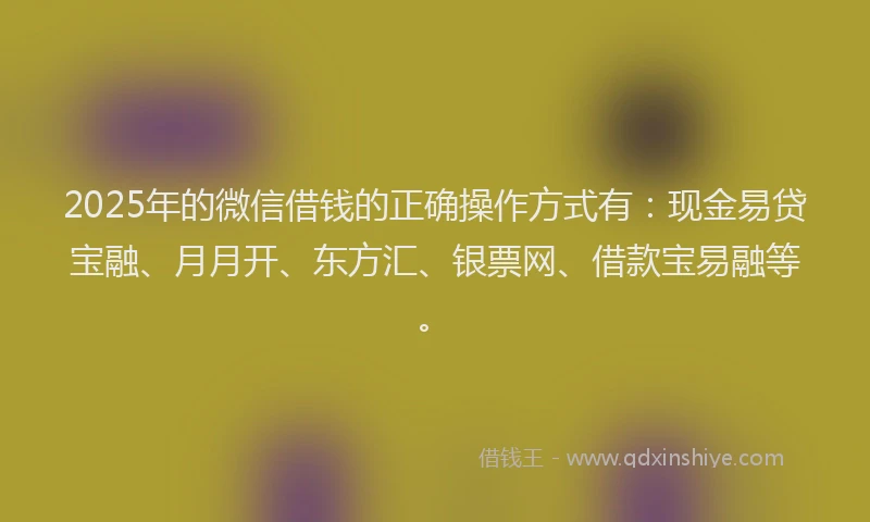 2025年的微信借钱的正确操作方式有：现金易贷宝融、月月开、东方汇、银票网、借款宝易融等。