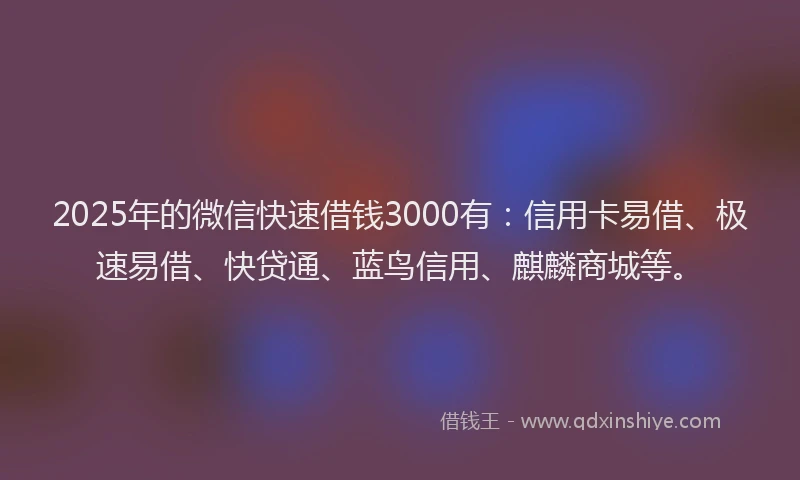 2025年的微信快速借钱3000有：信用卡易借、极速易借、快贷通、蓝鸟信用、麒麟商城等。