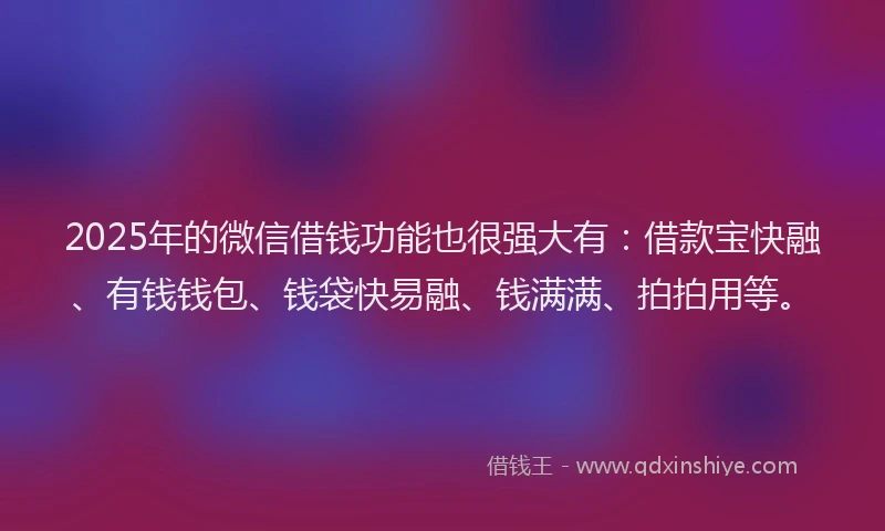 2025年的微信借钱功能也很强大有：借款宝快融、有钱钱包、钱袋快易融、钱满满、拍拍用等。