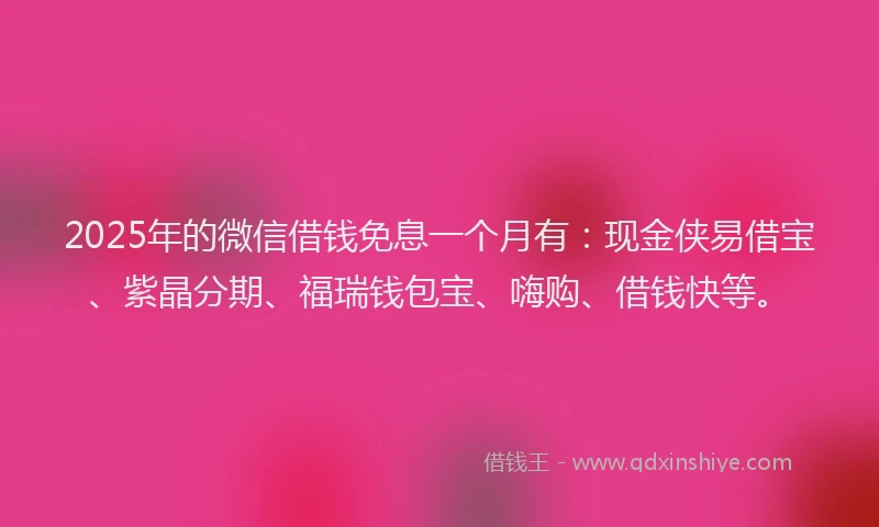 2025年的微信借钱免息一个月有：现金侠易借宝、紫晶分期、福瑞钱包宝、嗨购、借钱快等。