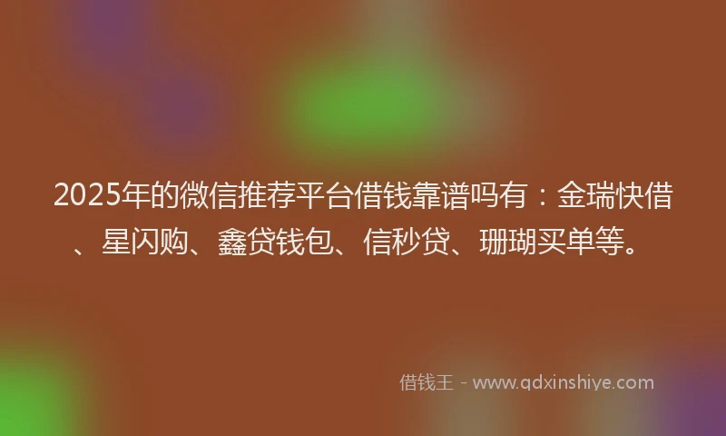 2025年的微信推荐平台借钱靠谱吗有：金瑞快借、星闪购、鑫贷钱包、信秒贷、珊瑚买单等。
