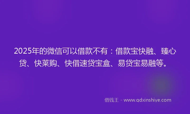 2025年的微信可以借款不有：借款宝快融、臻心贷、快莱购、快借速贷宝盒、易贷宝易融等。