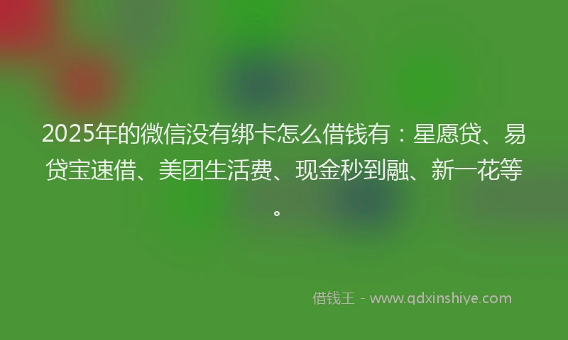 2025年的微信没有绑卡怎么借钱有：星愿贷、易贷宝速借、美团生活费、现金秒到融、新一花等。