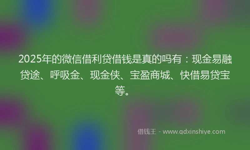 2025年的微信借利贷借钱是真的吗有：现金易融贷途、呼吸金、现金侠、宝盈商城、快借易贷宝等。