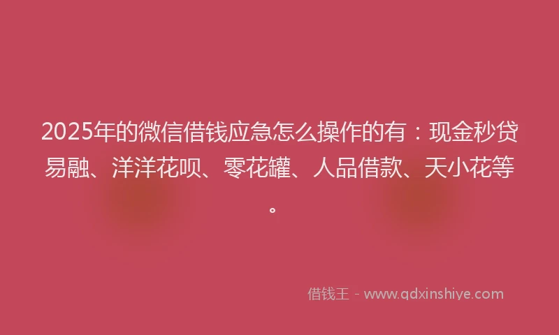 2025年的微信借钱应急怎么操作的有：现金秒贷易融、洋洋花呗、零花罐、人品借款、天小花等。