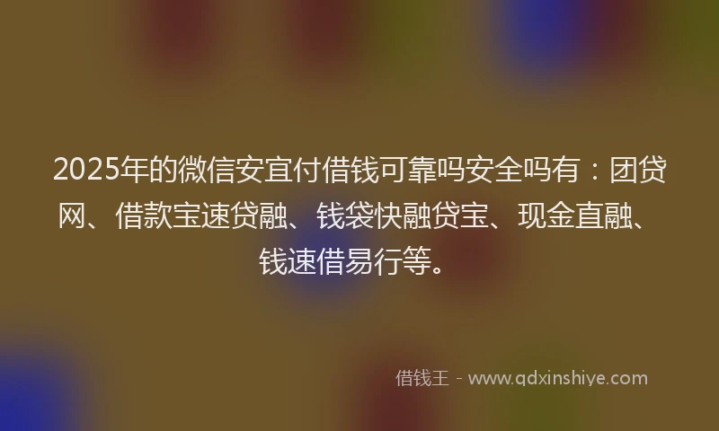 2025年的微信安宜付借钱可靠吗安全吗有：团贷网、借款宝速贷融、钱袋快融贷宝、现金直融、钱速借易行等。