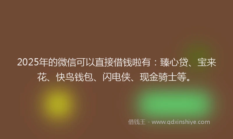 2025年的微信可以直接借钱啦有：臻心贷、宝来花、快鸟钱包、闪电侠、现金骑士等。