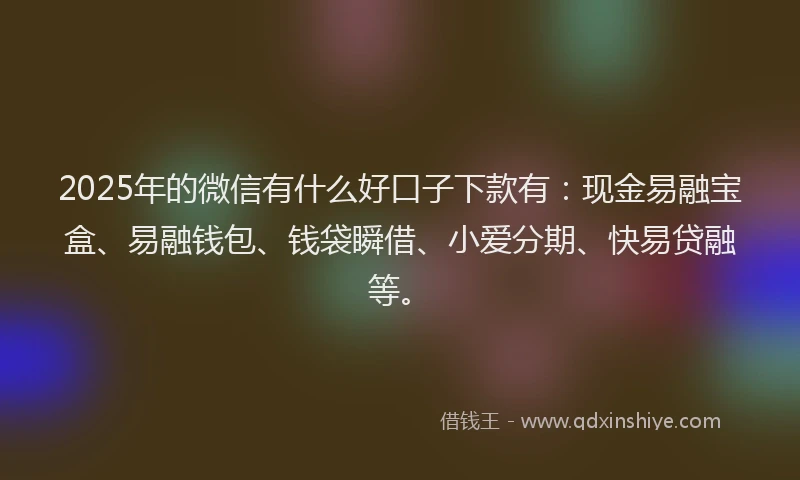 2025年的微信有什么好口子下款有：现金易融宝盒、易融钱包、钱袋瞬借、小爱分期、快易贷融等。