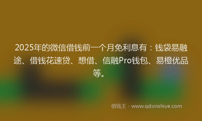 2025年的微信借钱前一个月免利息有：钱袋易融途、借钱花速贷、想借、信融Pro钱包、易橙优品等。