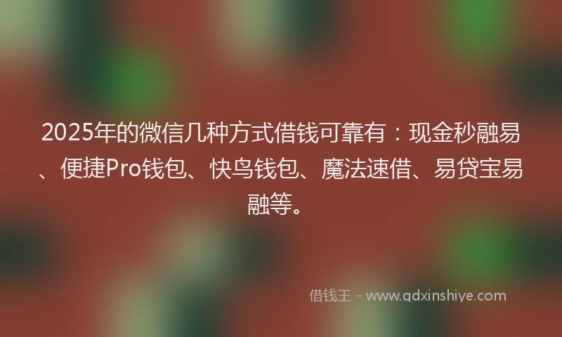 2025年的微信几种方式借钱可靠有：现金秒融易、便捷Pro钱包、快鸟钱包、魔法速借、易贷宝易融等。