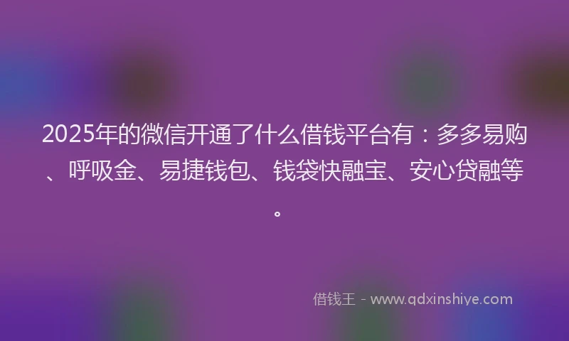 2025年的微信开通了什么借钱平台有：多多易购、呼吸金、易捷钱包、钱袋快融宝、安心贷融等。