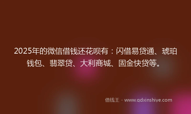 2025年的微信借钱还花呗有：闪借易贷通、琥珀钱包、翡翠贷、大利商城、固金快贷等。