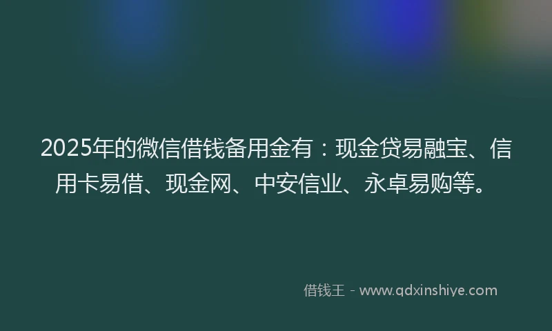 2025年的微信借钱备用金有：现金贷易融宝、信用卡易借、现金网、中安信业、永卓易购等。