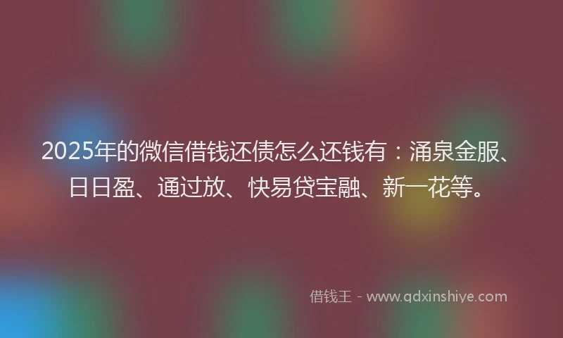 2025年的微信借钱还债怎么还钱有：涌泉金服、日日盈、通过放、快易贷宝融、新一花等。