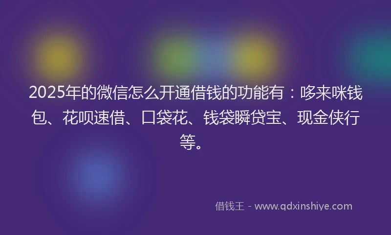 2025年的微信怎么开通借钱的功能有：哆来咪钱包、花呗速借、口袋花、钱袋瞬贷宝、现金侠行等。