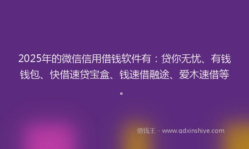 2025年的微信信用借钱软件有：贷你无忧、有钱钱包、快借速贷宝盒、钱速借融途、爱木速借等。