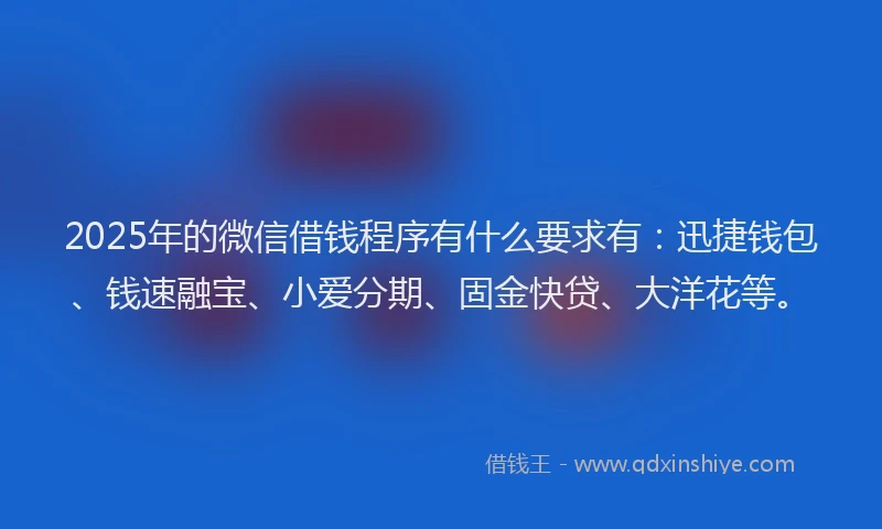 2025年的微信借钱程序有什么要求有：迅捷钱包、钱速融宝、小爱分期、固金快贷、大洋花等。