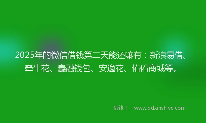 2025年的微信借钱第二天能还嘛有：新浪易借、牵牛花、鑫融钱包、安逸花、佑佑商城等。