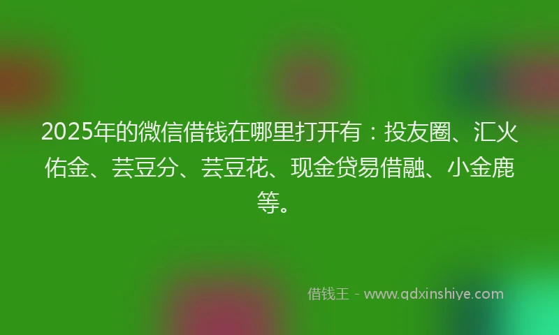 2025年的微信借钱在哪里打开有：投友圈、汇火佑金、芸豆分、芸豆花、现金贷易借融、小金鹿等。