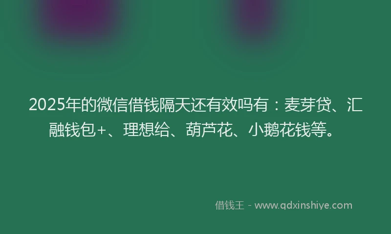 2025年的微信借钱隔天还有效吗有：麦芽贷、汇融钱包+、理想给、葫芦花、小鹅花钱等。