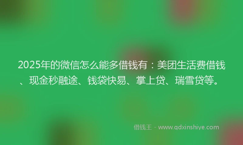 2025年的微信怎么能多借钱有：美团生活费借钱、现金秒融途、钱袋快易、掌上贷、瑞雪贷等。
