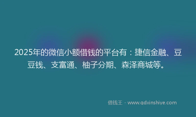 2025年的微信小额借钱的平台有：捷信金融、豆豆钱、支富通、柚子分期、森泽商城等。