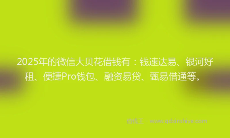 2025年的微信大贝花借钱有：钱速达易、银河好租、便捷Pro钱包、融资易贷、甄易借通等。