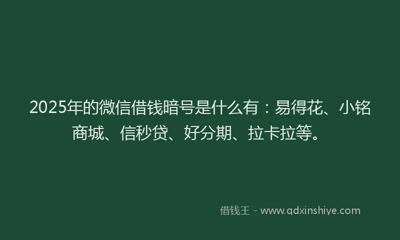 2025年的微信借钱暗号是什么有：易得花、小铭商城、信秒贷、好分期、拉卡拉等。