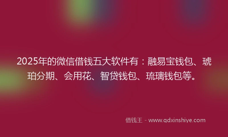 2025年的微信借钱五大软件有：融易宝钱包、琥珀分期、会用花、智贷钱包、琉璃钱包等。