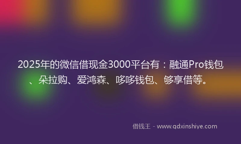 2025年的微信借现金3000平台有：融通Pro钱包、朵拉购、爱鸿森、哆哆钱包、够享借等。