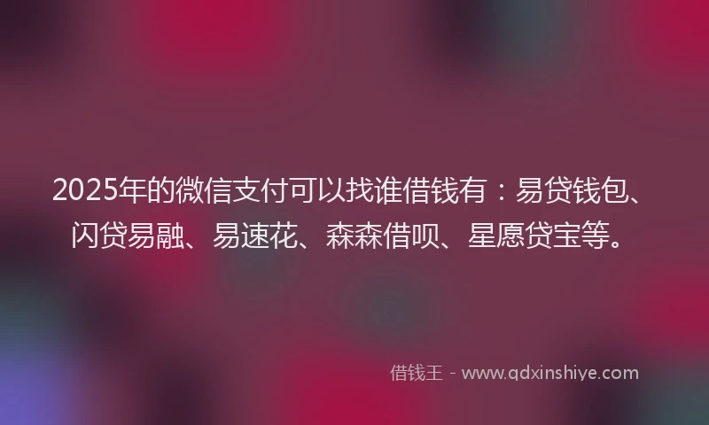 2025年的微信支付可以找谁借钱有：易贷钱包、闪贷易融、易速花、森森借呗、星愿贷宝等。