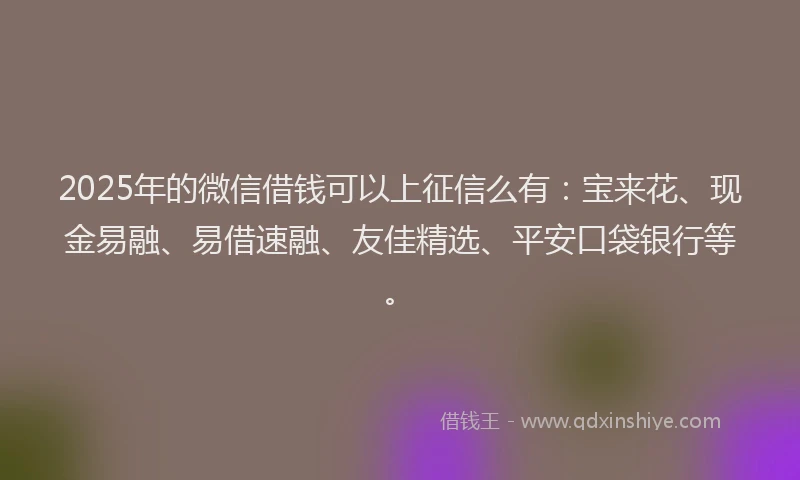 2025年的微信借钱可以上征信么有：宝来花、现金易融、易借速融、友佳精选、平安口袋银行等。
