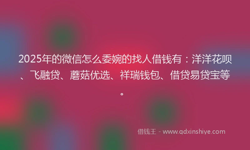 2025年的微信怎么委婉的找人借钱有：洋洋花呗、飞融贷、蘑菇优选、祥瑞钱包、借贷易贷宝等。