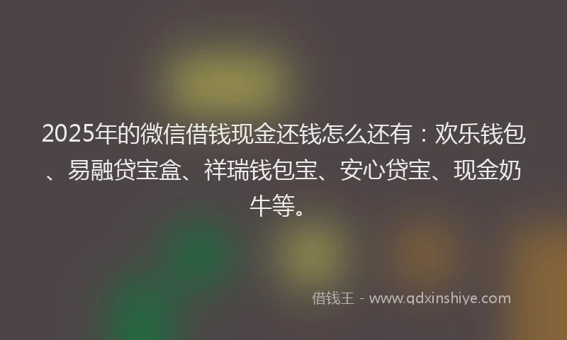 2025年的微信借钱现金还钱怎么还有：欢乐钱包、易融贷宝盒、祥瑞钱包宝、安心贷宝、现金奶牛等。