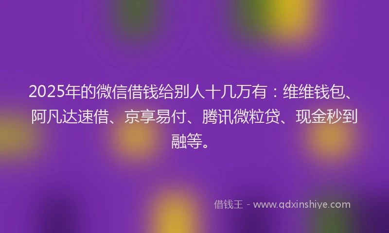 2025年的微信借钱给别人十几万有：维维钱包、阿凡达速借、京享易付、腾讯微粒贷、现金秒到融等。