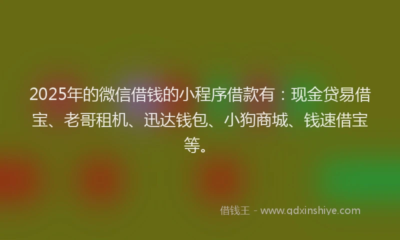 2025年的微信借钱的小程序借款有：现金贷易借宝、老哥租机、迅达钱包、小狗商城、钱速借宝等。