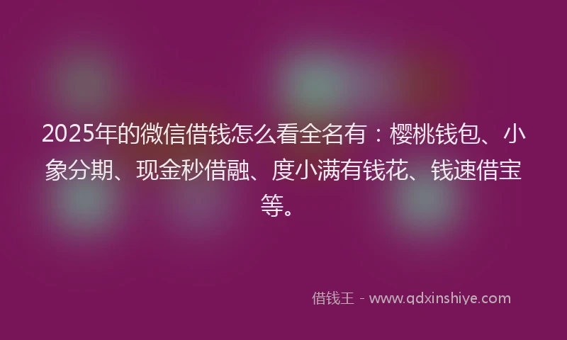 2025年的微信借钱怎么看全名有：樱桃钱包、小象分期、现金秒借融、度小满有钱花、钱速借宝等。