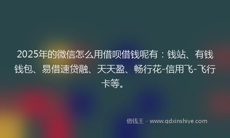 2025年的微信怎么用借呗借钱呢有：钱站、有钱钱包、易借速贷融、天天盈、畅行花-信用飞-飞行卡等。