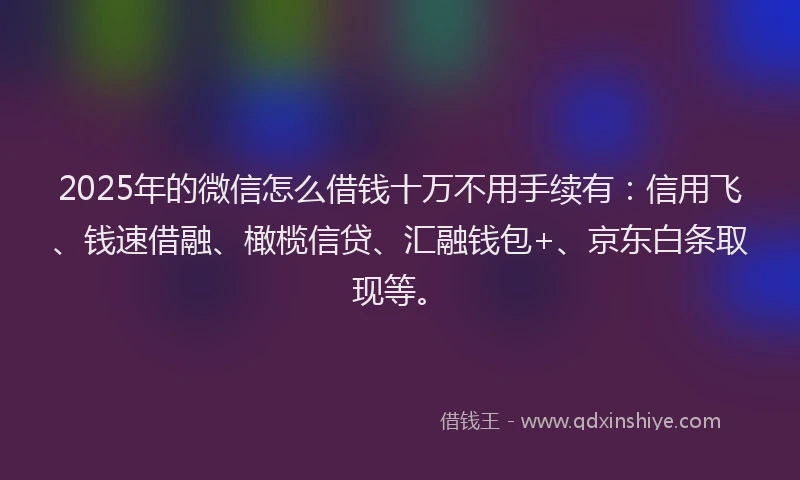 2025年的微信怎么借钱十万不用手续有：信用飞、钱速借融、橄榄信贷、汇融钱包+、京东白条取现等。