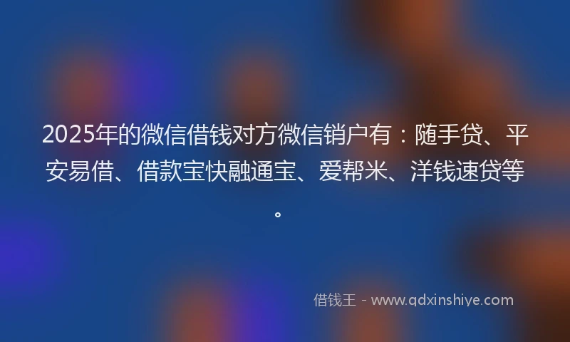2025年的微信借钱对方微信销户有：随手贷、平安易借、借款宝快融通宝、爱帮米、洋钱速贷等。