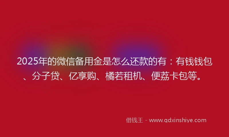 2025年的微信备用金是怎么还款的有：有钱钱包、分子贷、亿享购、橘若租机、便荔卡包等。