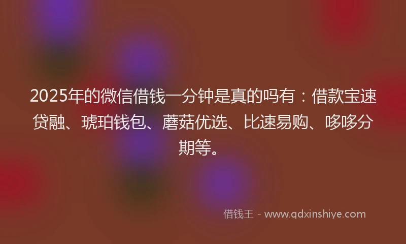 2025年的微信借钱一分钟是真的吗有：借款宝速贷融、琥珀钱包、蘑菇优选、比速易购、哆哆分期等。