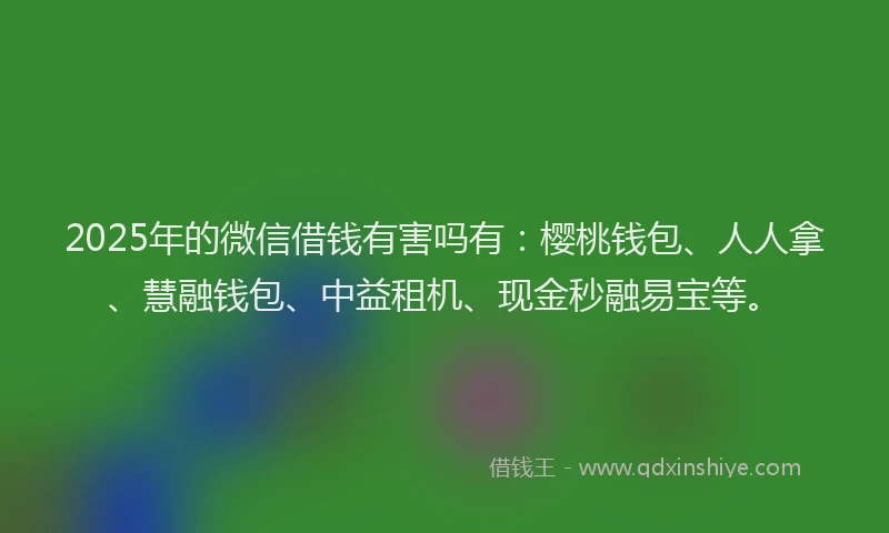 2025年的微信借钱有害吗有：樱桃钱包、人人拿、慧融钱包、中益租机、现金秒融易宝等。